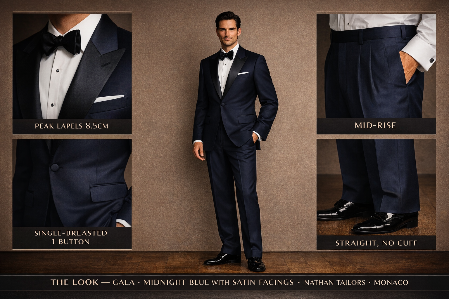 The Atelier by Nathan Tailors — AI-rendered midnight-blue peak-lapel tuxedo style brief