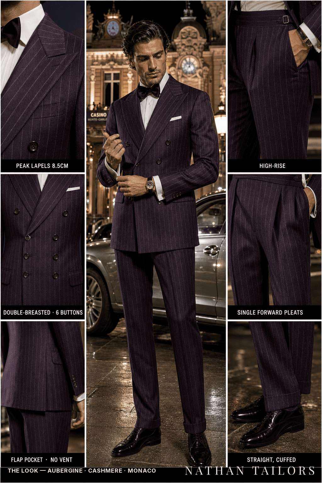 aubergine chalk stripe double-breasted peak-lapel bespoke suit — AI-rendered by Nathan Tailors, the Hoi An custom tailor. Available as a custom tailored suit from $149.