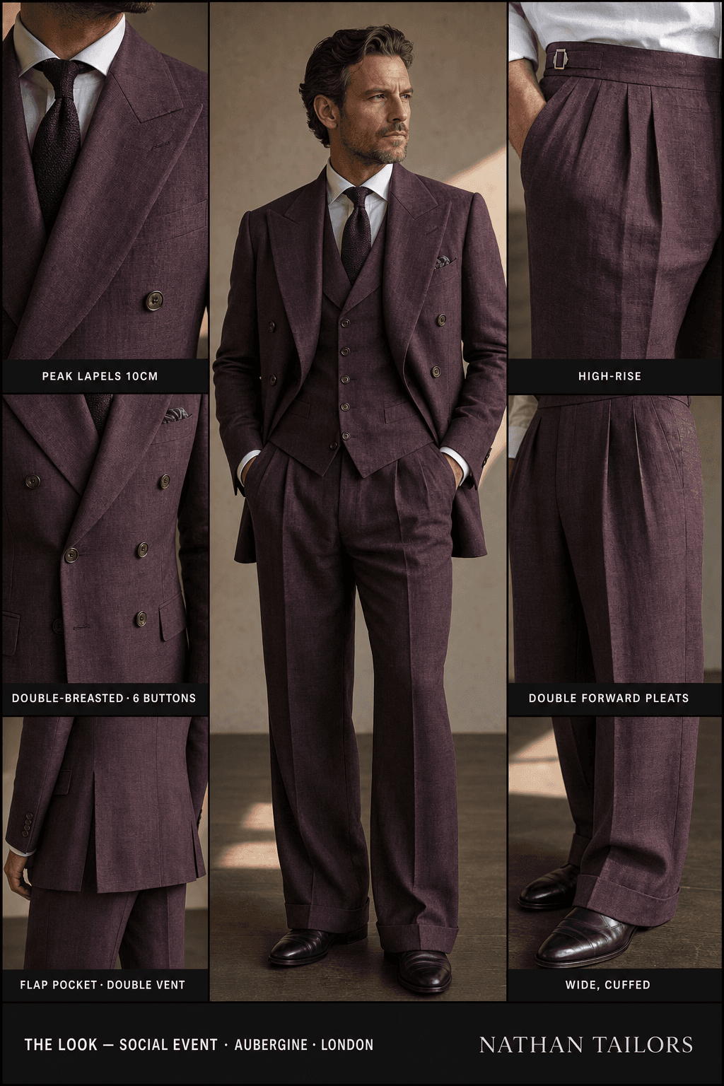 aubergine double-breasted peak-lapel bespoke suit — AI-rendered by Nathan Tailors, the Hoi An custom tailor. Available as a custom tailored suit from $129.