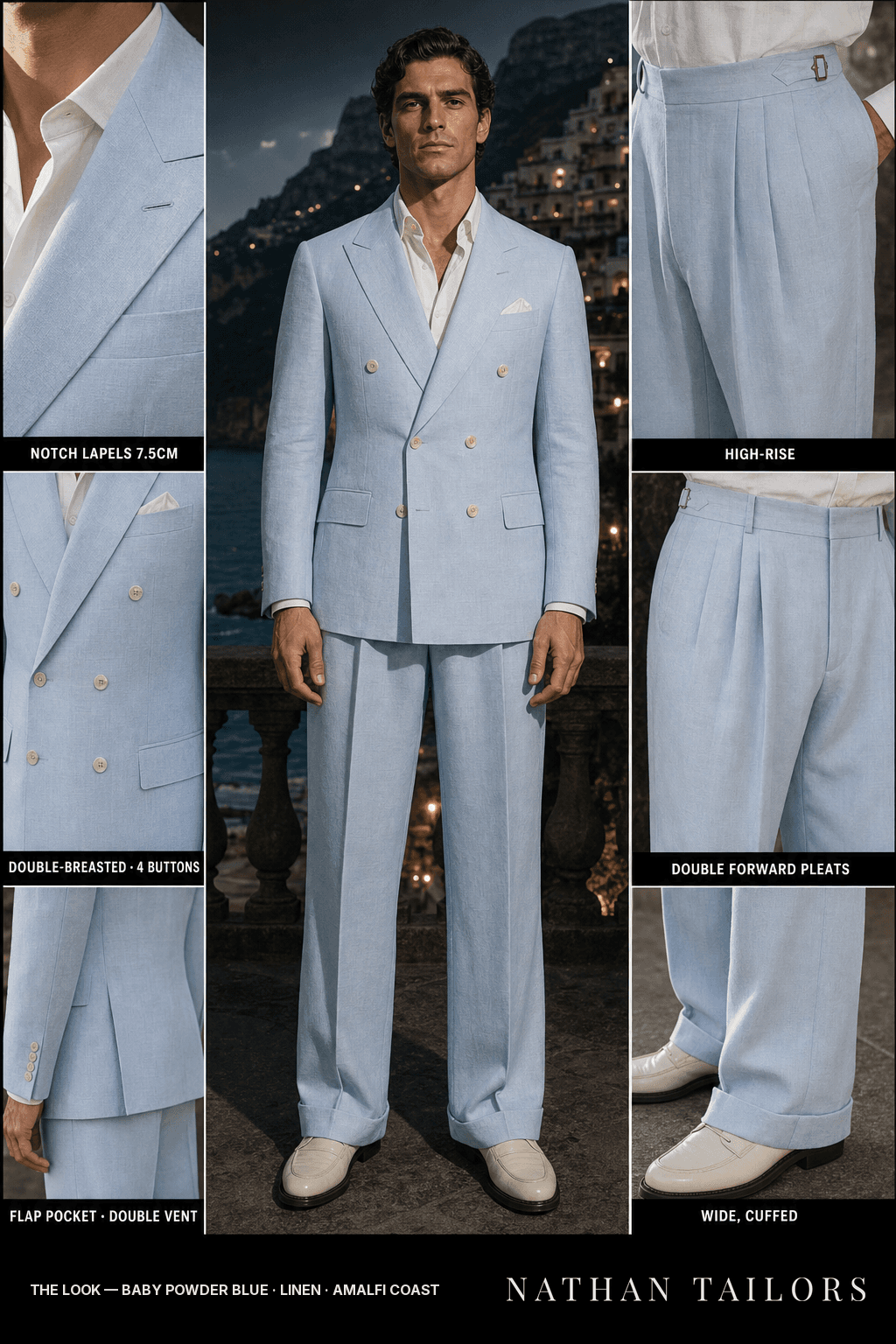 baby powder blue double-breasted notch-lapel bespoke suit — AI-rendered by Nathan Tailors, the Hoi An custom tailor. Available as a custom tailored suit from $149.
