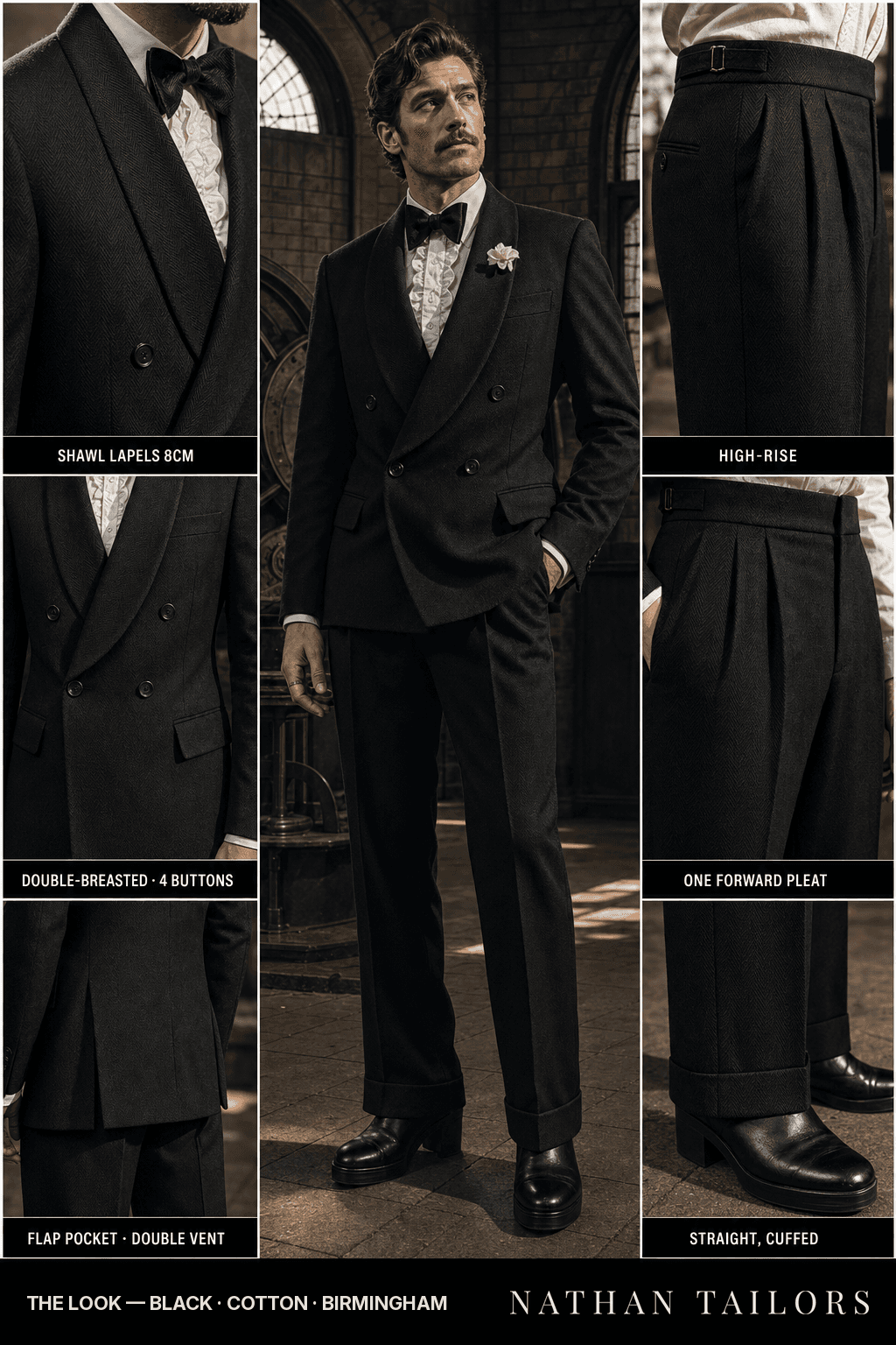black herringbone double-breasted shawl-lapel bespoke suit — AI-rendered by Nathan Tailors, the Hoi An custom tailor. Available as a custom tailored suit from $149.