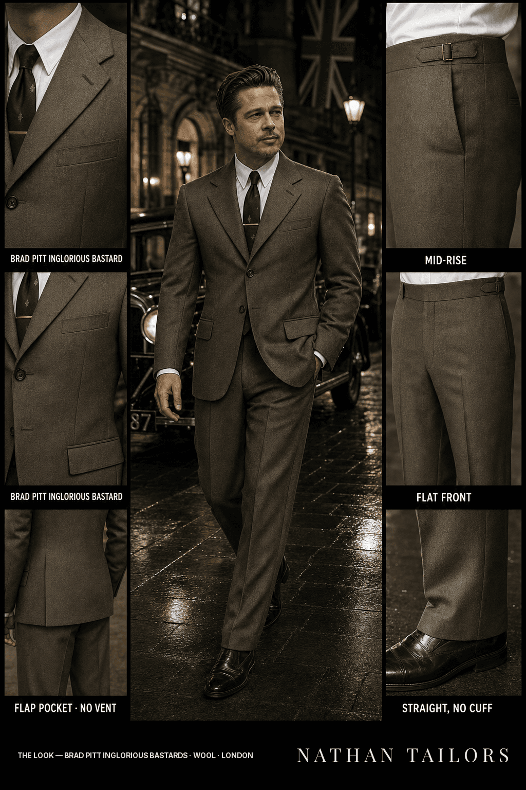 Brad Pitt inglorious bastards single-breasted notch-lapel bespoke suit — AI-rendered by Nathan Tailors, the Hoi An custom tailor. Available as a custom tailored suit from $149.