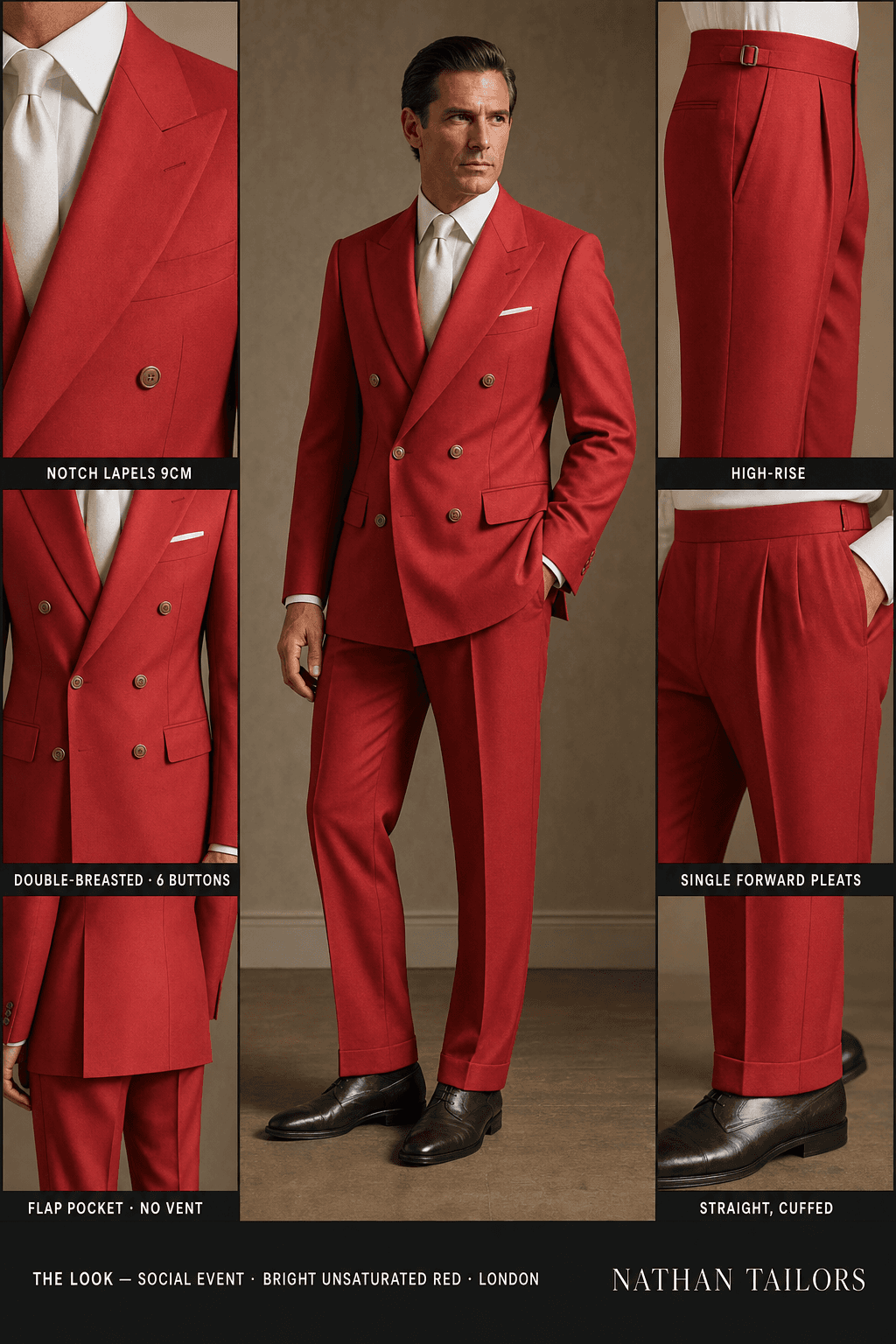 Bright unsaturated red double-breasted notch-lapel bespoke suit — AI-rendered by Nathan Tailors, the Hoi An custom tailor. Available as a custom tailored suit from $129.