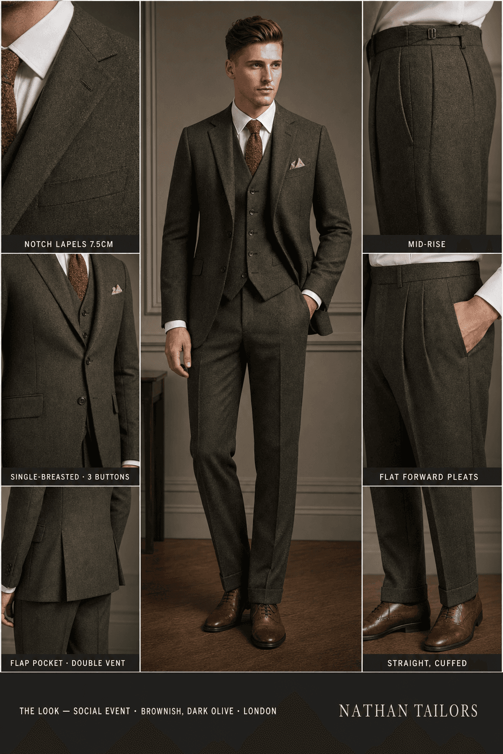 Brownish, Dark Olive single-breasted bespoke suit — custom tailored by Nathan Tailors, the Hoi An custom tailor