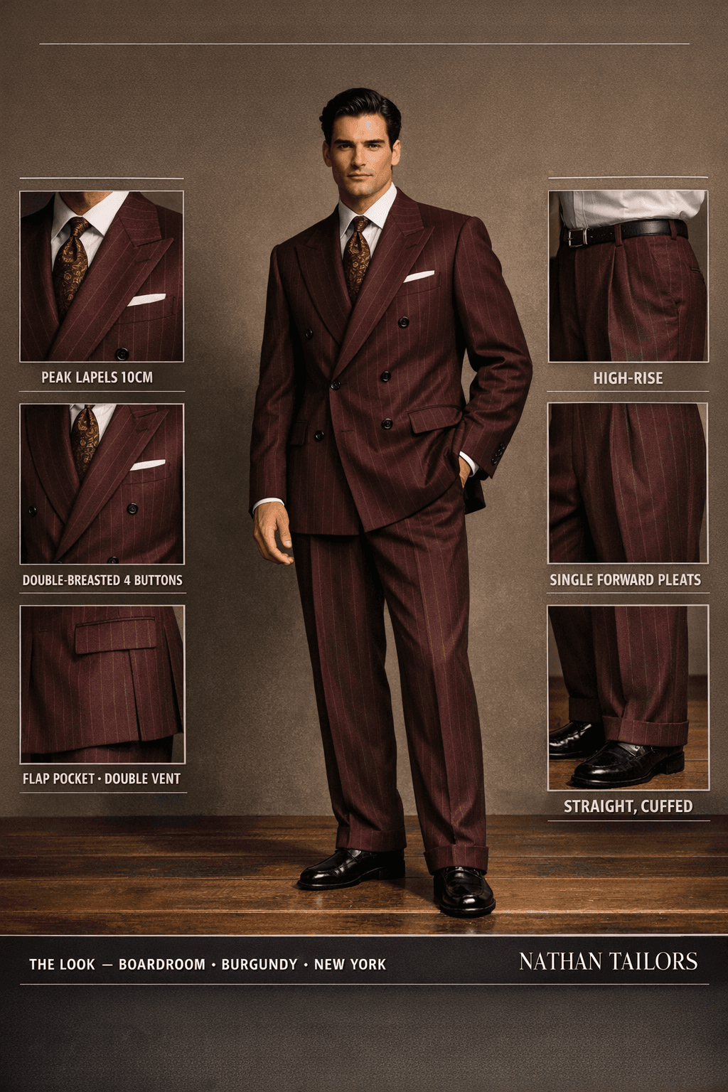 burgundy pinstripe double-breasted peak-lapel bespoke suit — AI-rendered by Nathan Tailors, the Hoi An custom tailor. Available as a custom tailored suit from $129.