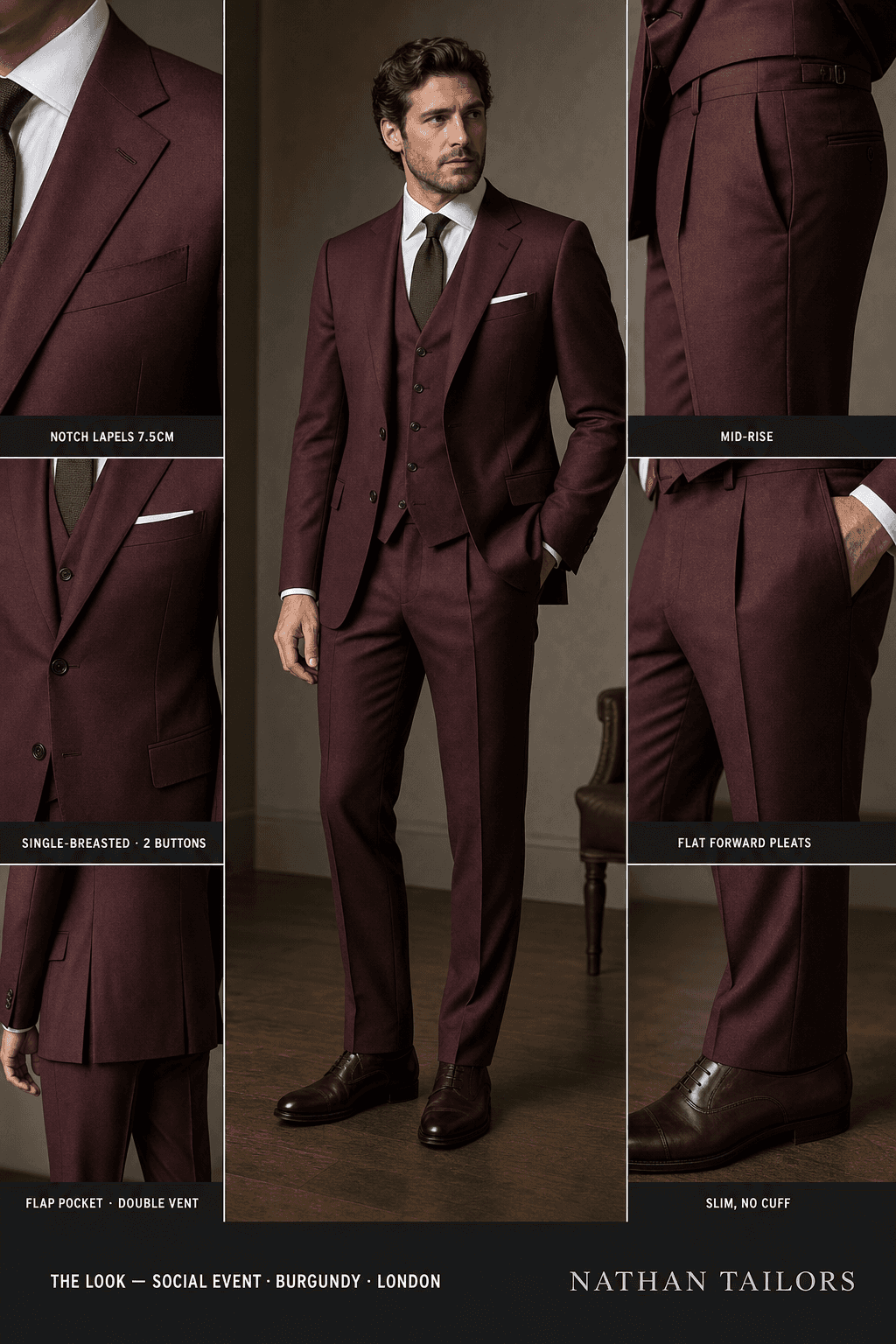 burgundy single-breasted notch-lapel bespoke suit — AI-rendered by Nathan Tailors, the Hoi An custom tailor. Available as a custom tailored suit from $129.