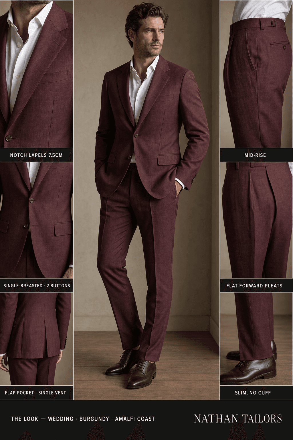 burgundy single-breasted notch-lapel bespoke suit — AI-rendered by Nathan Tailors, the Hoi An custom tailor. Available as a custom tailored suit from $129.