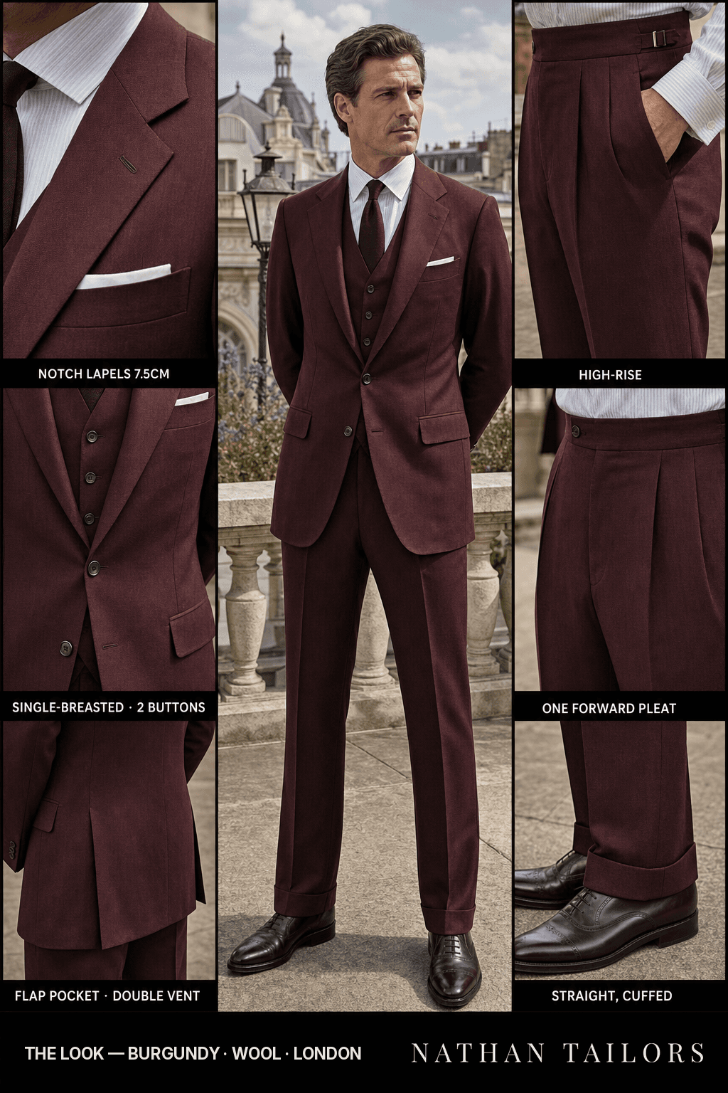 burgundy single-breasted notch-lapel bespoke suit — AI-rendered by Nathan Tailors, the Hoi An custom tailor. Available as a custom tailored suit from $149.