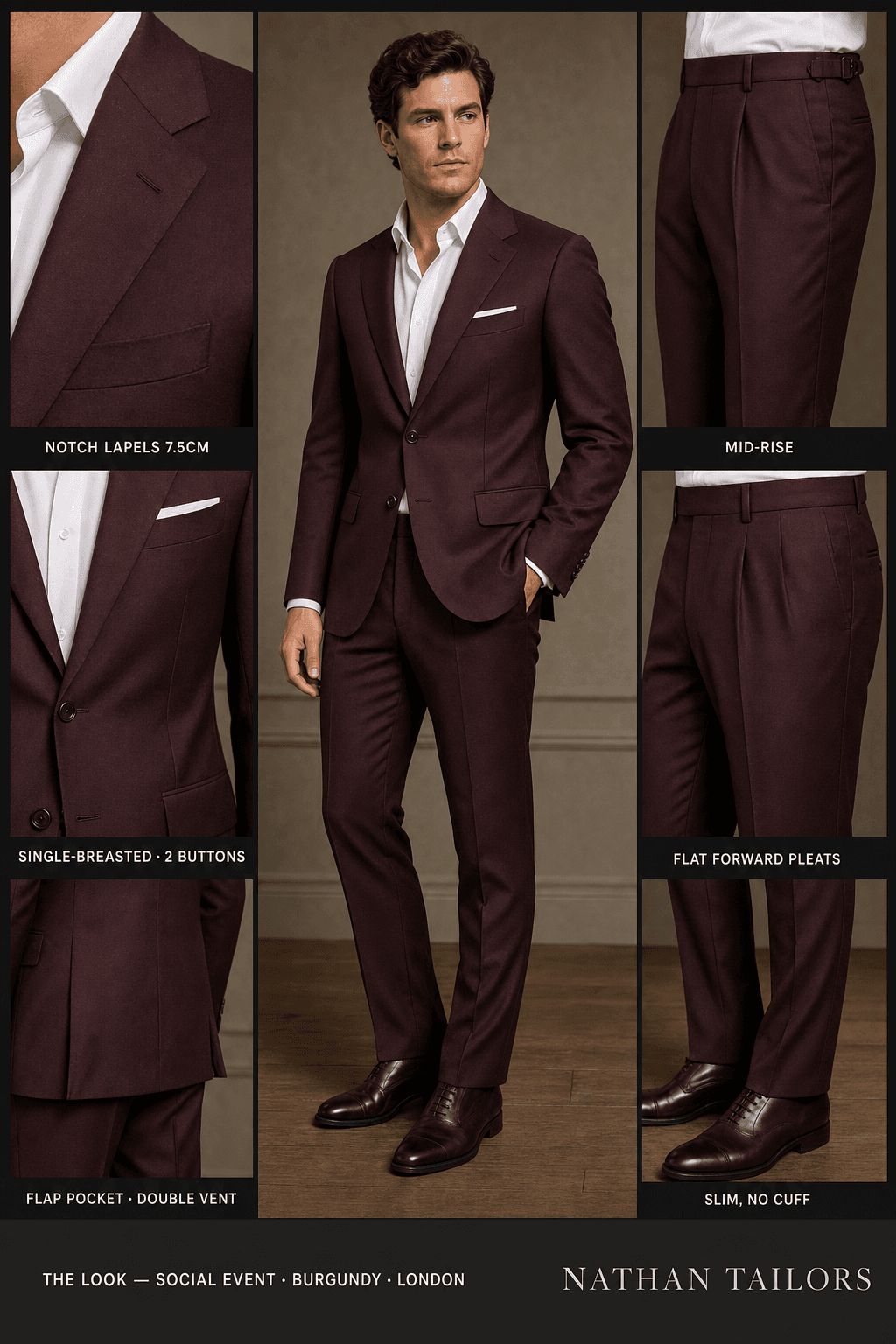 burgundy single-breasted bespoke suit — custom tailored by Nathan Tailors, the Hoi An custom tailor