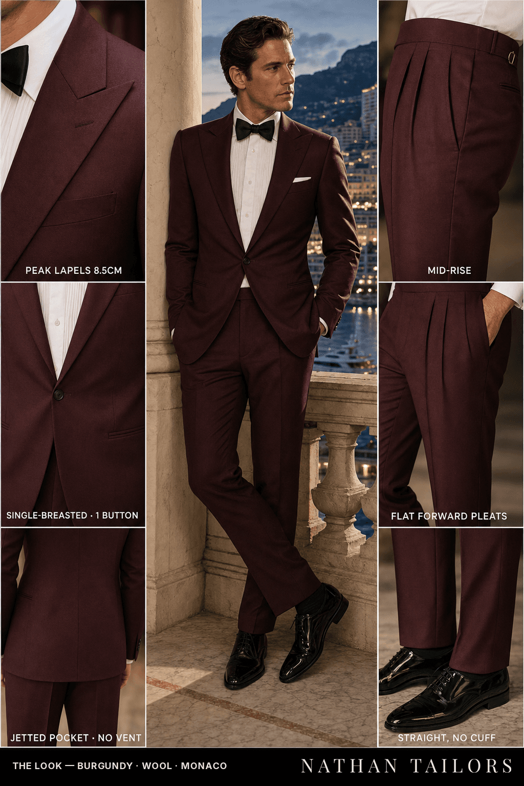 burgundy single-breasted bespoke suit — custom tailored by Nathan Tailors, the Hoi An custom tailor