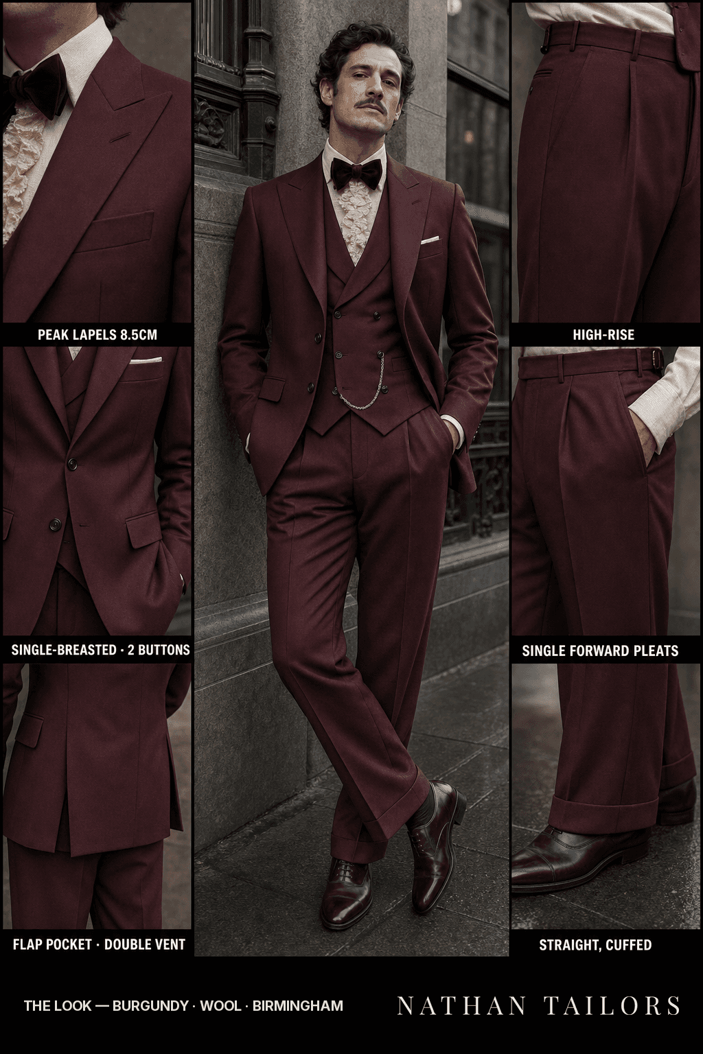burgundy single-breasted bespoke suit — custom tailored by Nathan Tailors, the Hoi An custom tailor