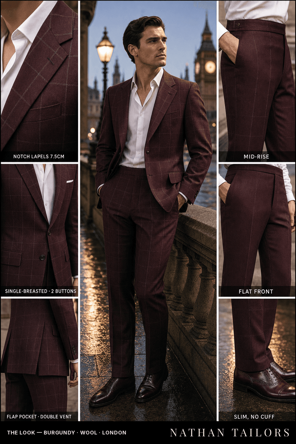 burgundy windowpane single-breasted bespoke suit — custom tailored by Nathan Tailors, the Hoi An custom tailor
