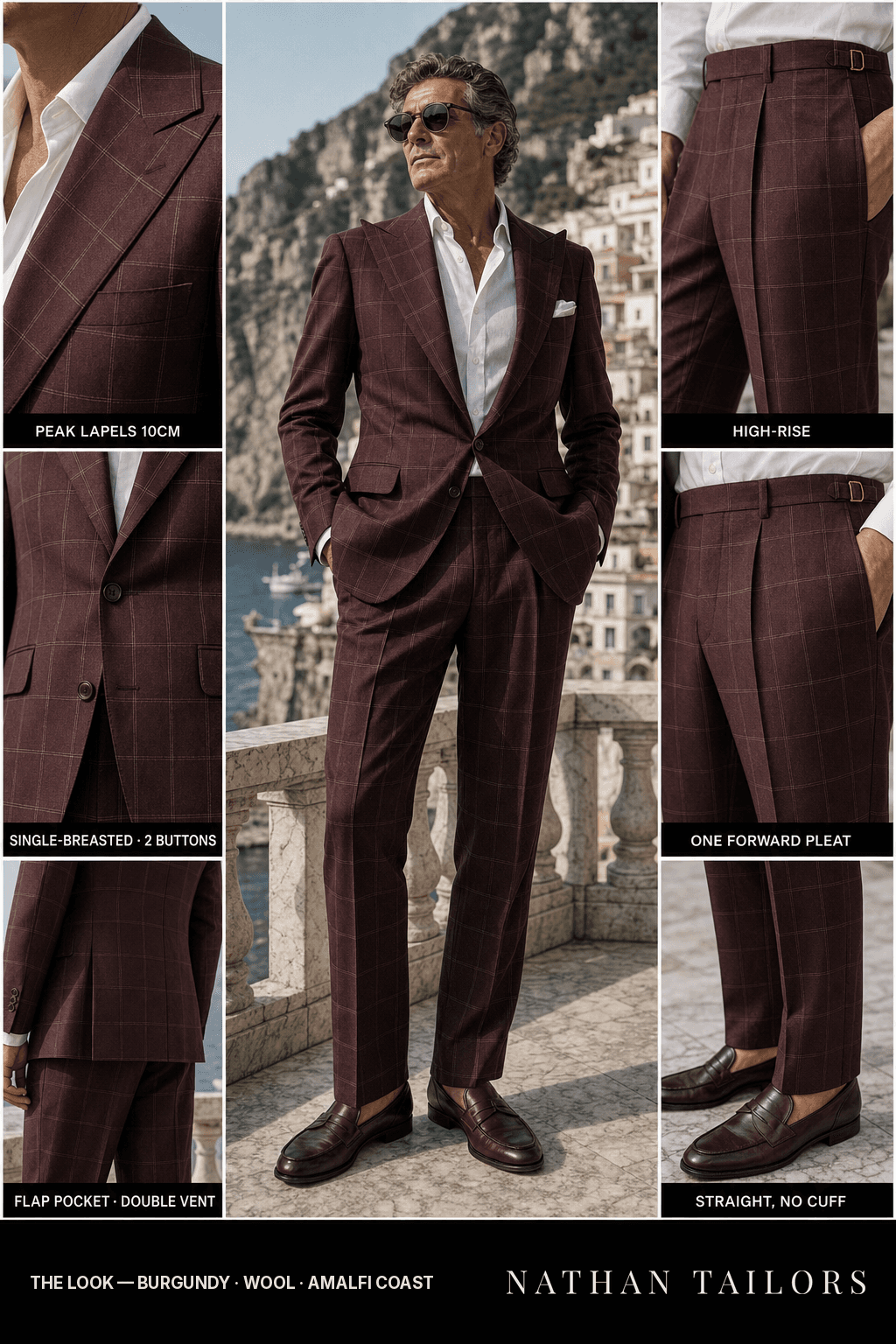 burgundy windowpane single-breasted bespoke suit — custom tailored by Nathan Tailors, the Hoi An custom tailor