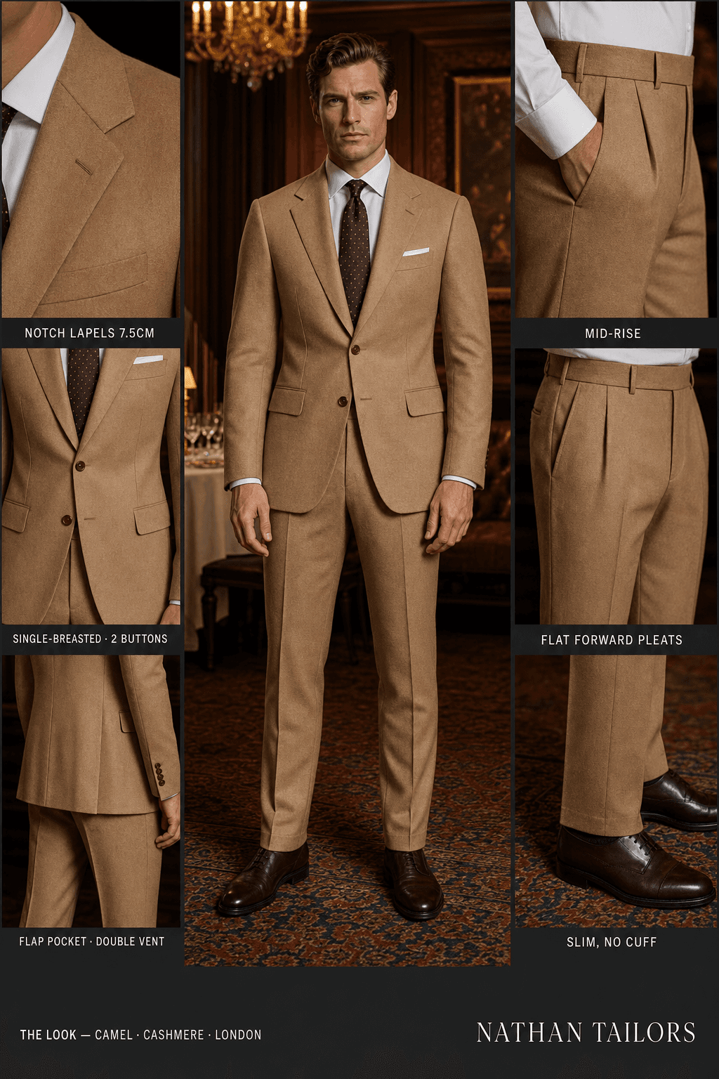 camel single-breasted notch-lapel bespoke suit — AI-rendered by Nathan Tailors, the Hoi An custom tailor. Available as a custom tailored suit from $149.