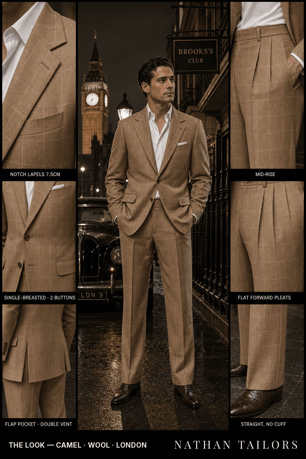 camel windowpane single-breasted bespoke suit — custom tailored by Nathan Tailors, the Hoi An custom tailor