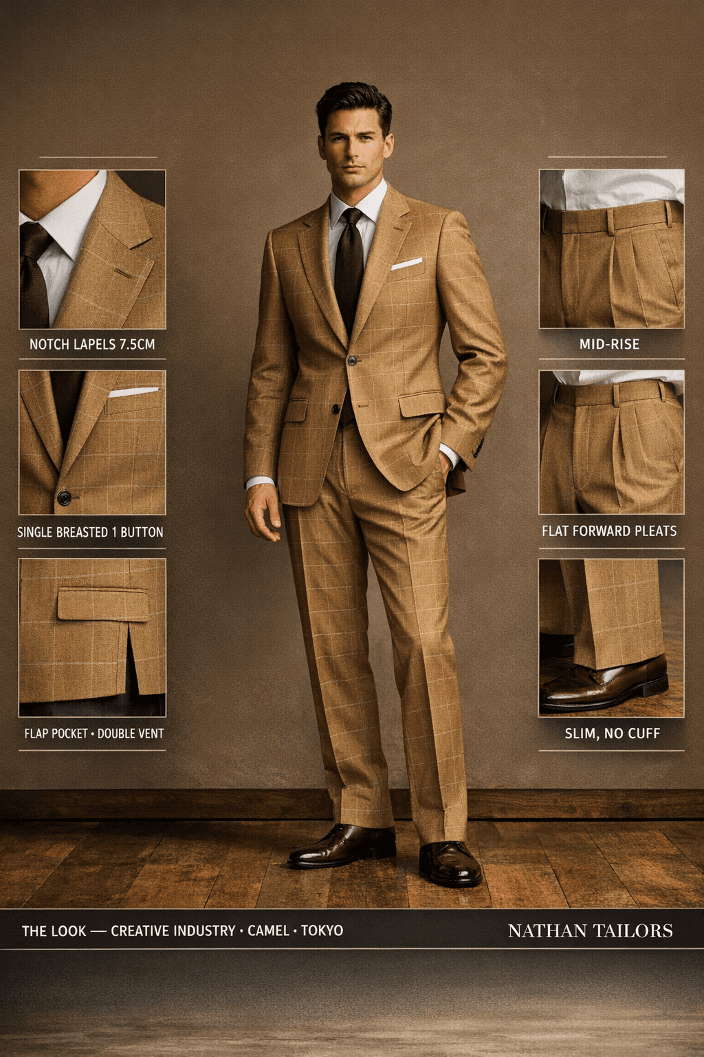 camel single-breasted suit — Nathan Tailors Hoi An tailor Atelier render