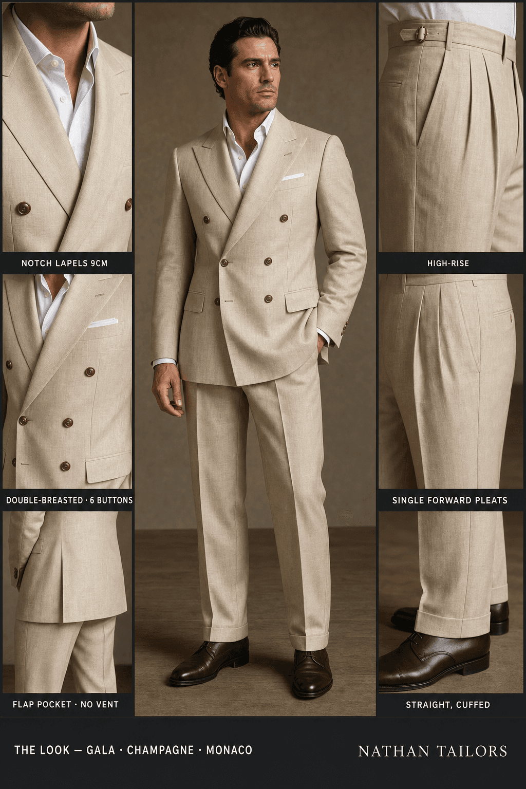 champagne double-breasted notch-lapel bespoke suit — AI-rendered by Nathan Tailors, the Hoi An custom tailor. Available as a custom tailored suit from $129.
