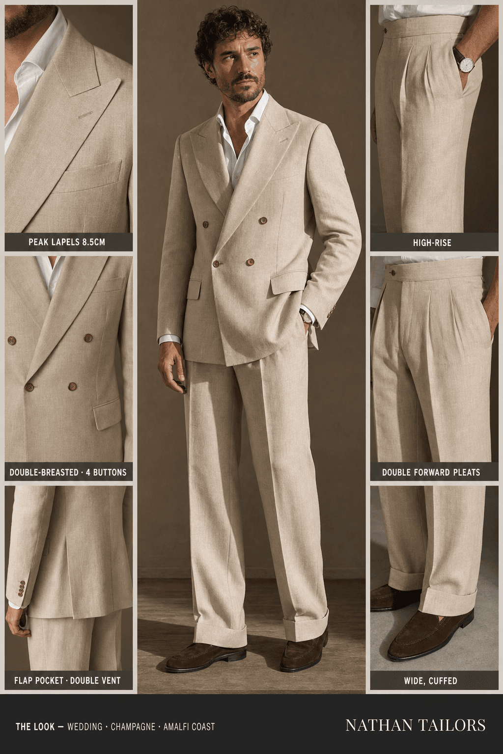 champagne double-breasted peak-lapel bespoke suit — AI-rendered by Nathan Tailors, the Hoi An custom tailor. Available as a custom tailored suit from $129.