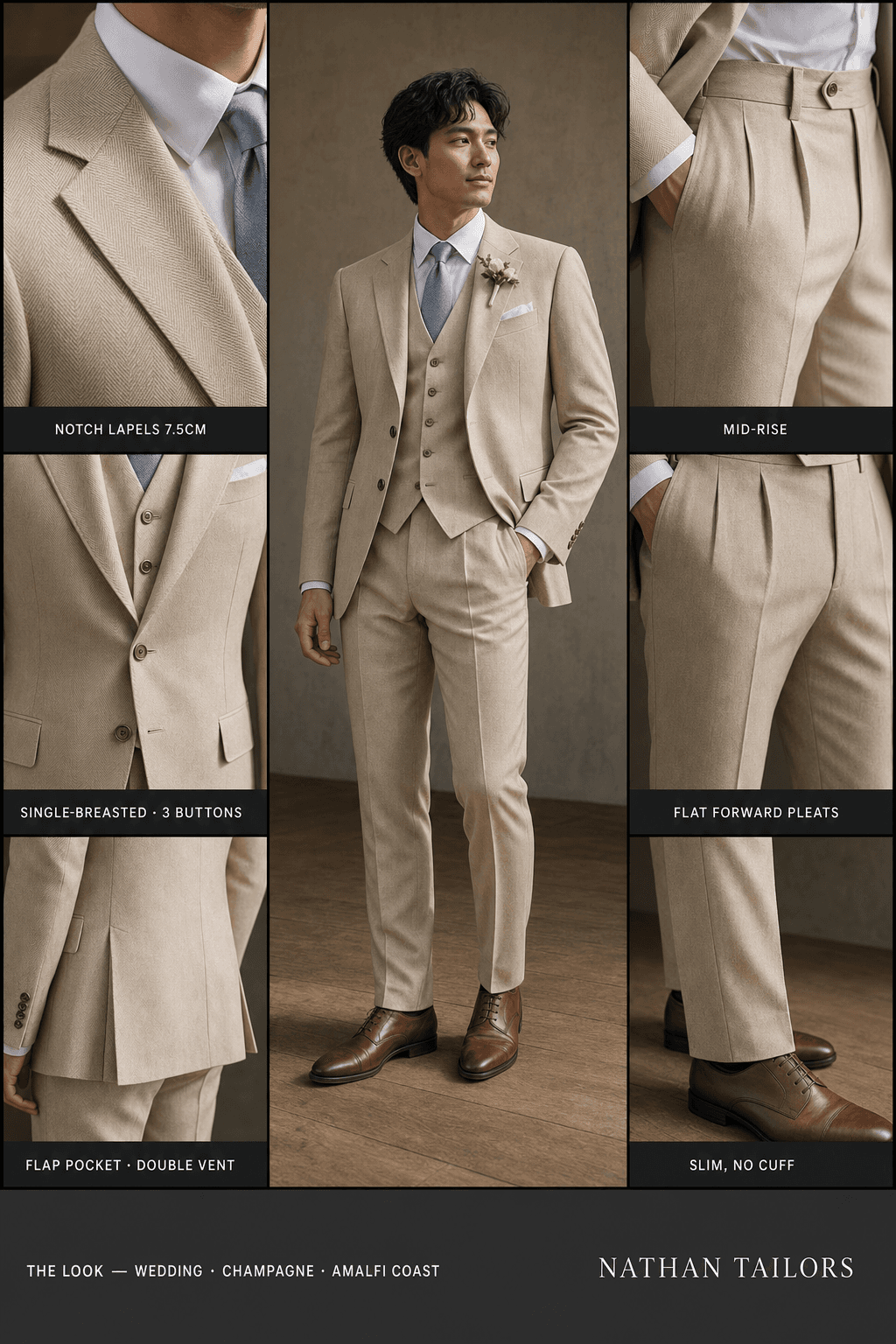 champagne herringbone single-breasted bespoke suit — custom tailored by Nathan Tailors, the Hoi An custom tailor