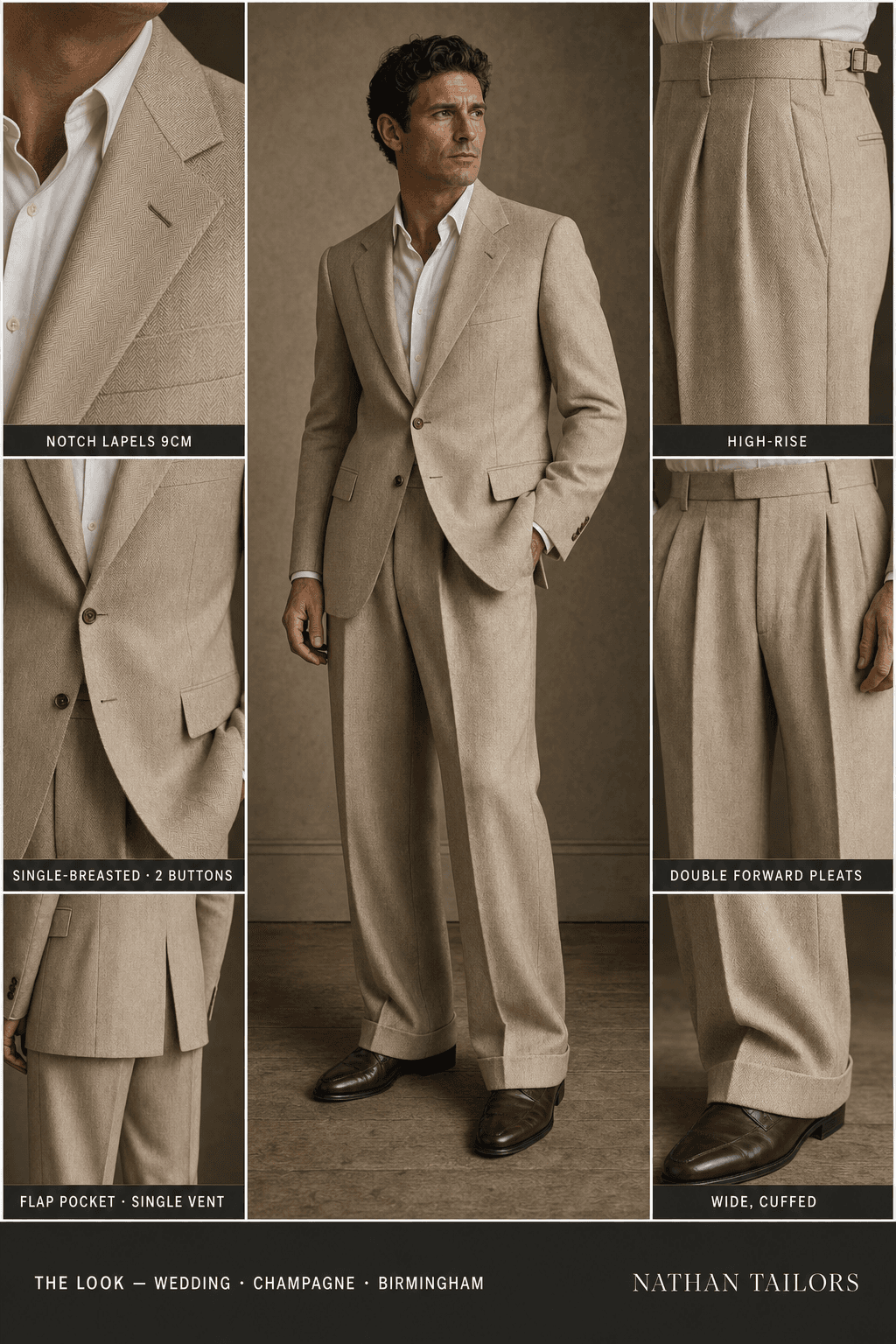 champagne herringbone single-breasted bespoke suit — custom tailored by Nathan Tailors, the Hoi An custom tailor