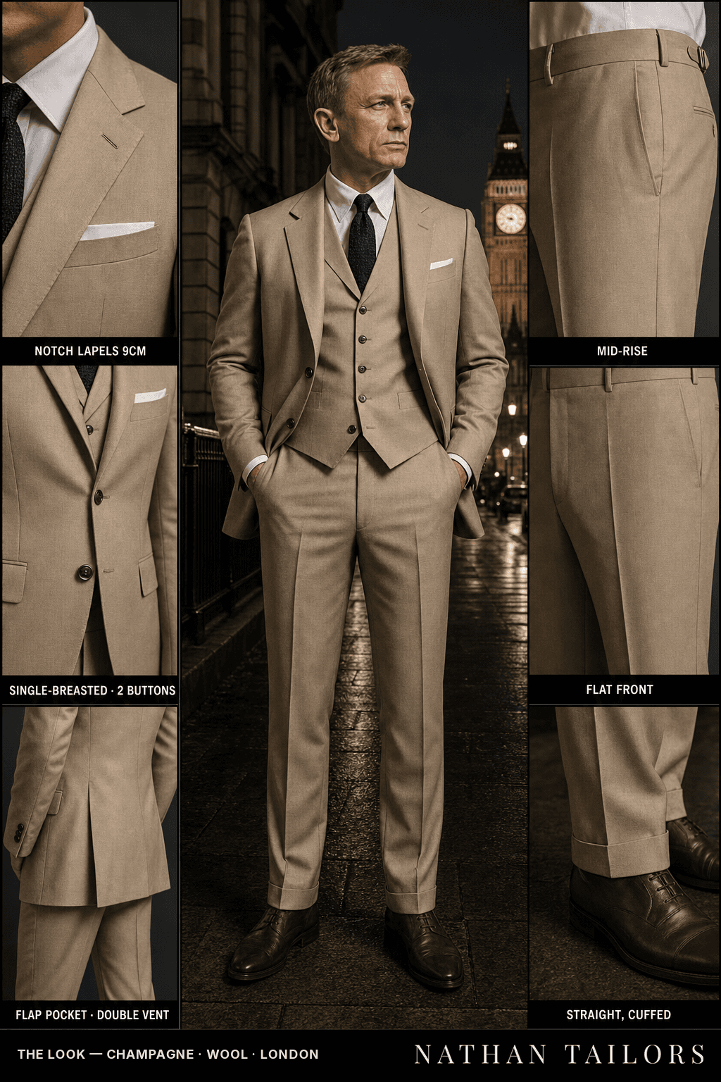 champagne single-breasted bespoke suit — custom tailored by Nathan Tailors, the Hoi An custom tailor