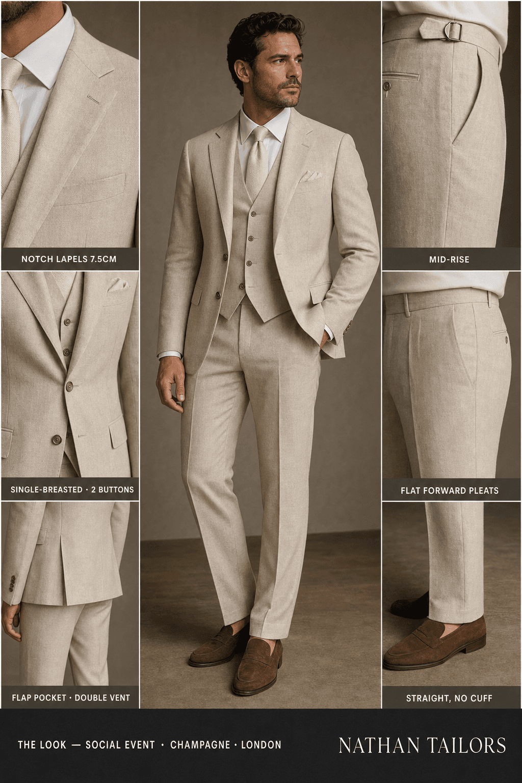 champagne single-breasted bespoke suit — custom tailored by Nathan Tailors, the Hoi An custom tailor