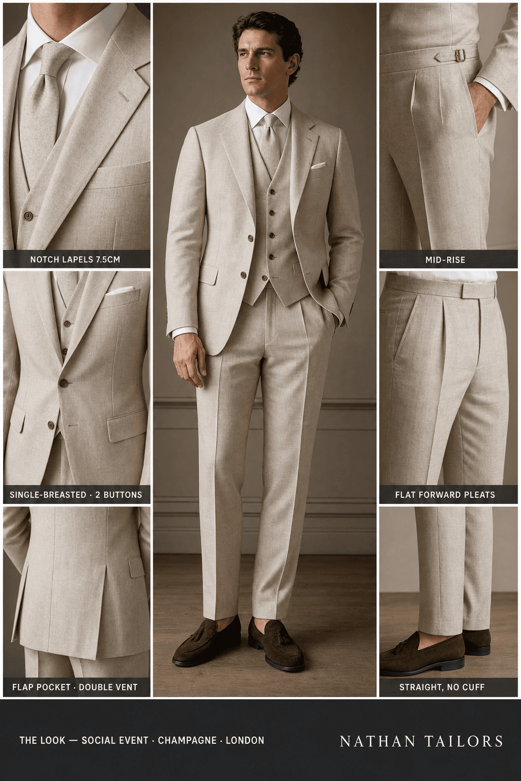 champagne single-breasted bespoke suit — custom tailored by Nathan Tailors, the Hoi An custom tailor
