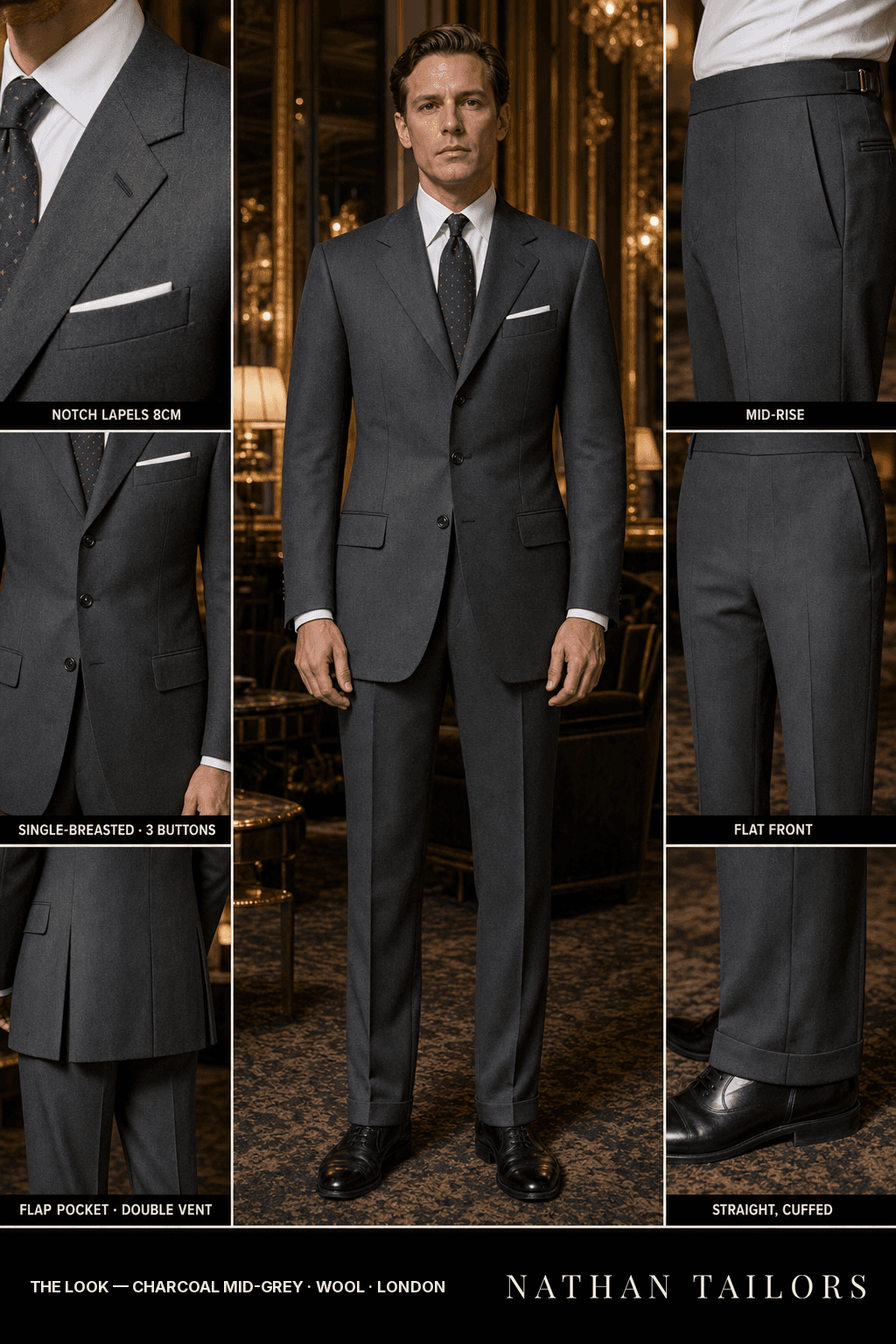 charcoal mid-grey single-breasted notch-lapel bespoke suit — AI-rendered by Nathan Tailors, the Hoi An custom tailor. Available as a custom tailored suit from $149.