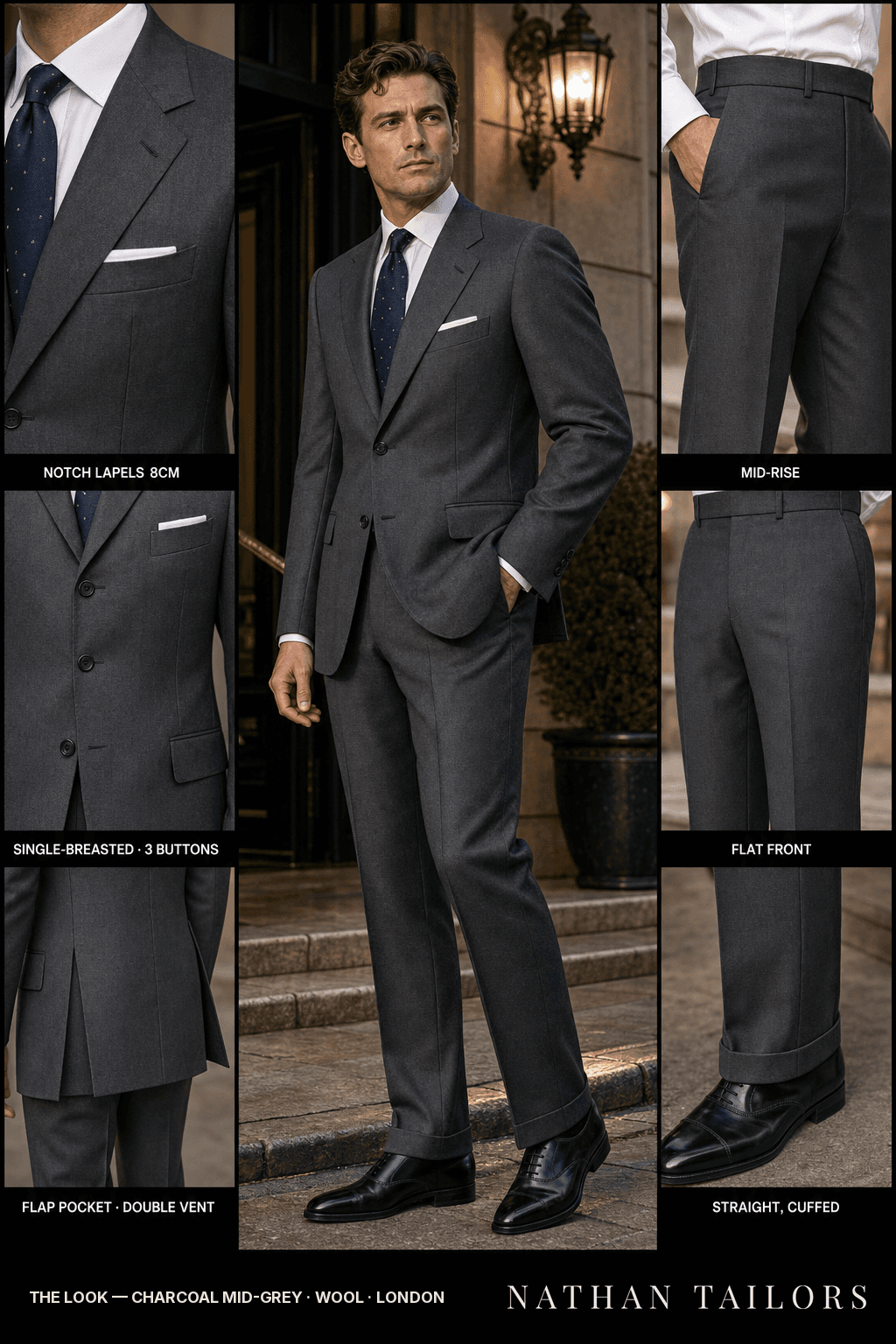 charcoal mid-grey single-breasted bespoke suit — custom tailored by Nathan Tailors, the Hoi An custom tailor