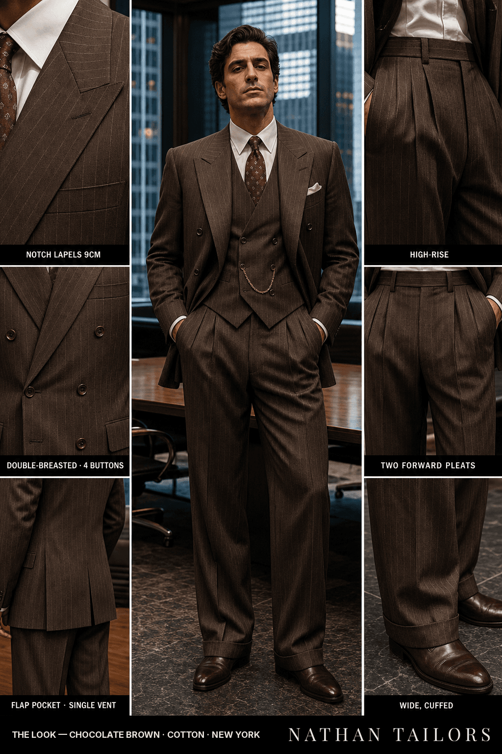 chocolate brown chalk stripe double-breasted notch-lapel bespoke suit — AI-rendered by Nathan Tailors, the Hoi An custom tailor. Available as a custom tailored suit from $149.