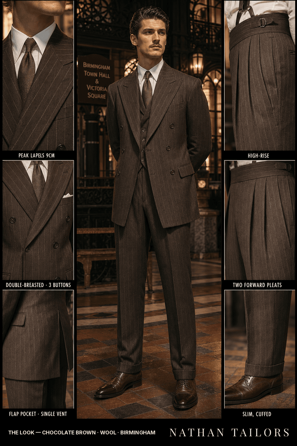 chocolate brown chalk stripe double-breasted peak-lapel bespoke suit — AI-rendered by Nathan Tailors, the Hoi An custom tailor. Available as a custom tailored suit from $149.