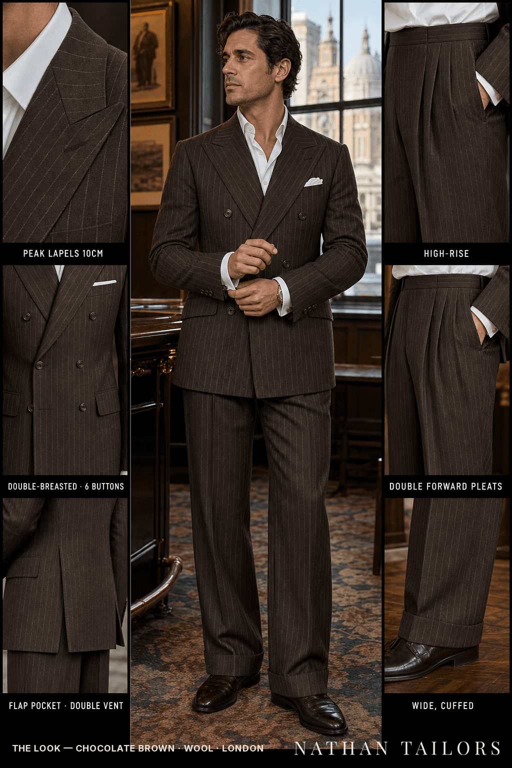 chocolate brown chalk_stripe double-breasted bespoke suit — custom tailored by Nathan Tailors, the Hoi An custom tailor