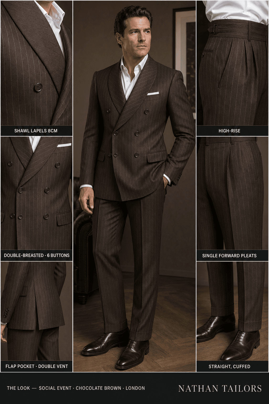 chocolate brown double-breasted suit — Nathan Tailors Hoi An tailor Atelier render