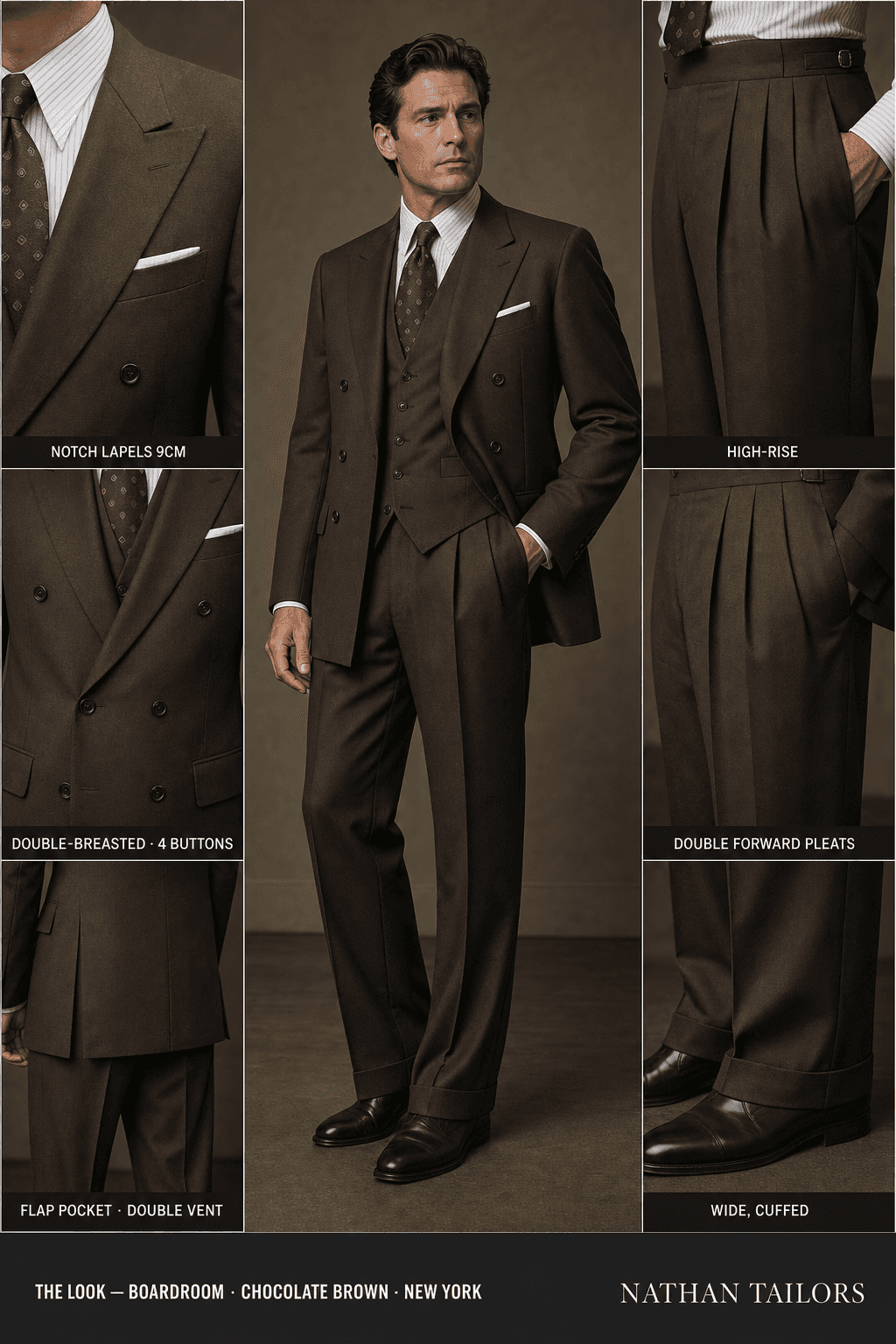 chocolate brown double-breasted notch-lapel bespoke suit — AI-rendered by Nathan Tailors, the Hoi An custom tailor. Available as a custom tailored suit from $129.