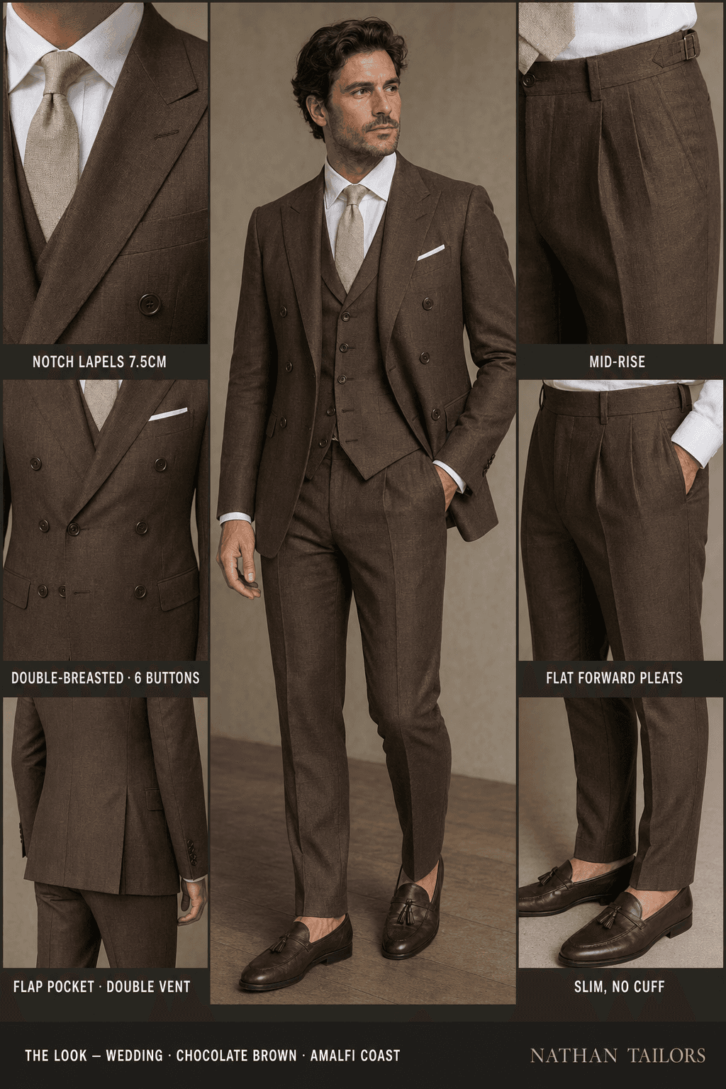 chocolate brown double-breasted bespoke suit — custom tailored by Nathan Tailors, the Hoi An custom tailor