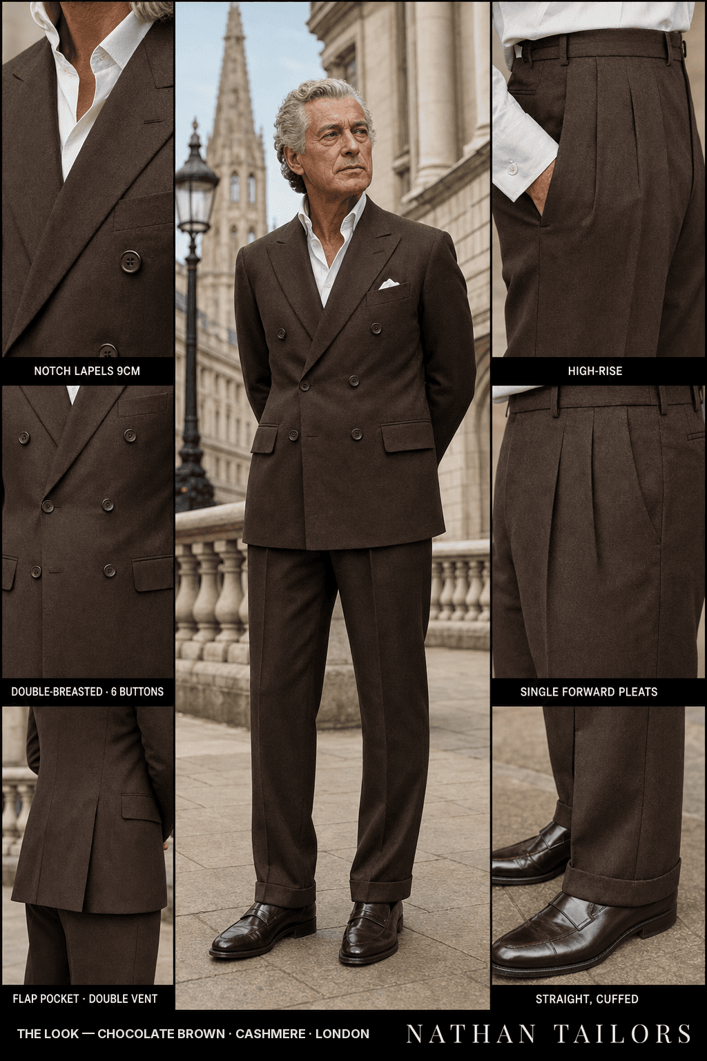 chocolate brown double-breasted notch-lapel bespoke suit — AI-rendered by Nathan Tailors, the Hoi An custom tailor. Available as a custom tailored suit from $149.