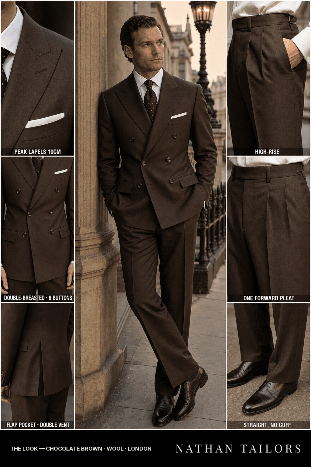 chocolate brown double-breasted bespoke suit — custom tailored by Nathan Tailors, the Hoi An custom tailor