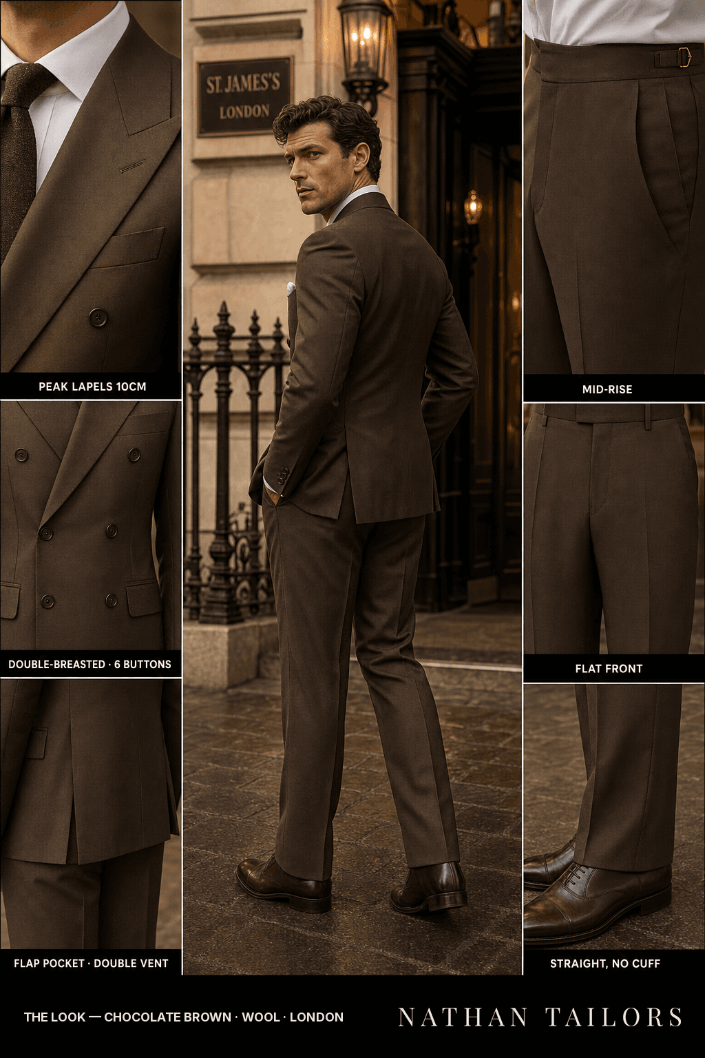 chocolate brown double-breasted bespoke suit — custom tailored by Nathan Tailors, the Hoi An custom tailor