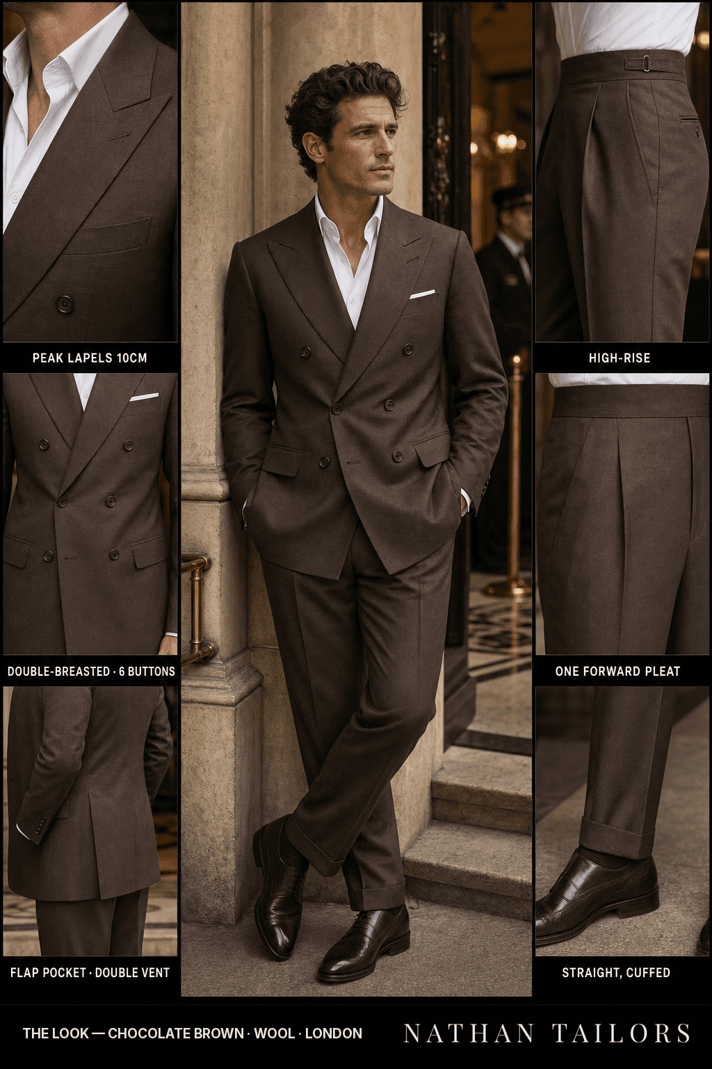 chocolate brown double-breasted bespoke suit — custom tailored by Nathan Tailors, the Hoi An custom tailor
