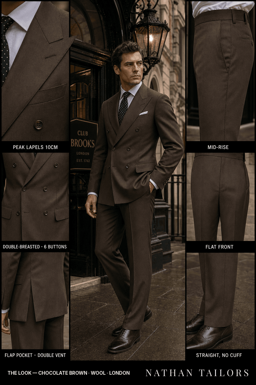 chocolate brown double-breasted bespoke suit — custom tailored by Nathan Tailors, the Hoi An custom tailor