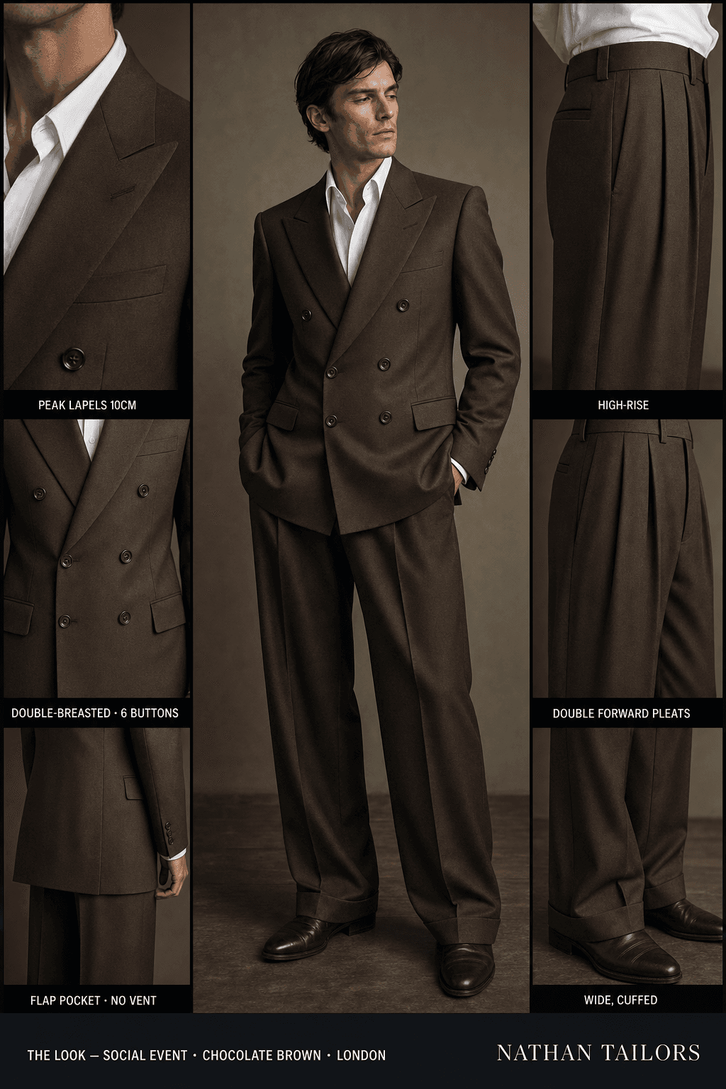 chocolate brown double-breasted peak-lapel bespoke suit — AI-rendered by Nathan Tailors, the Hoi An custom tailor. Available as a custom tailored suit from $129.