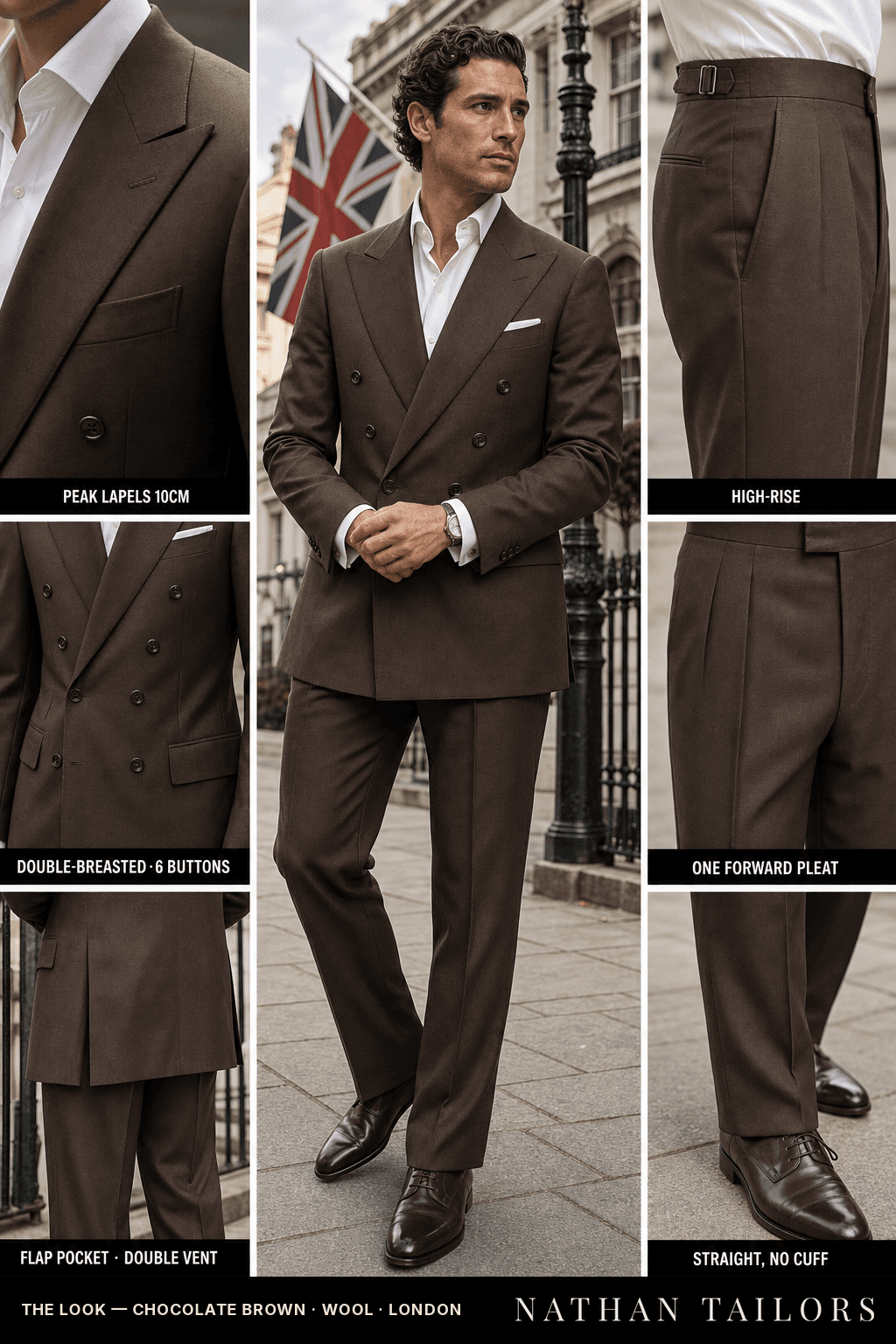 chocolate brown double-breasted bespoke suit — custom tailored by Nathan Tailors, the Hoi An custom tailor