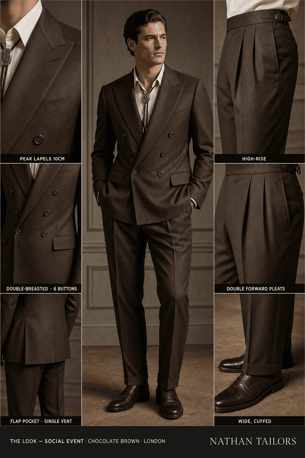 chocolate brown double-breasted bespoke suit — custom tailored by Nathan Tailors, the Hoi An custom tailor