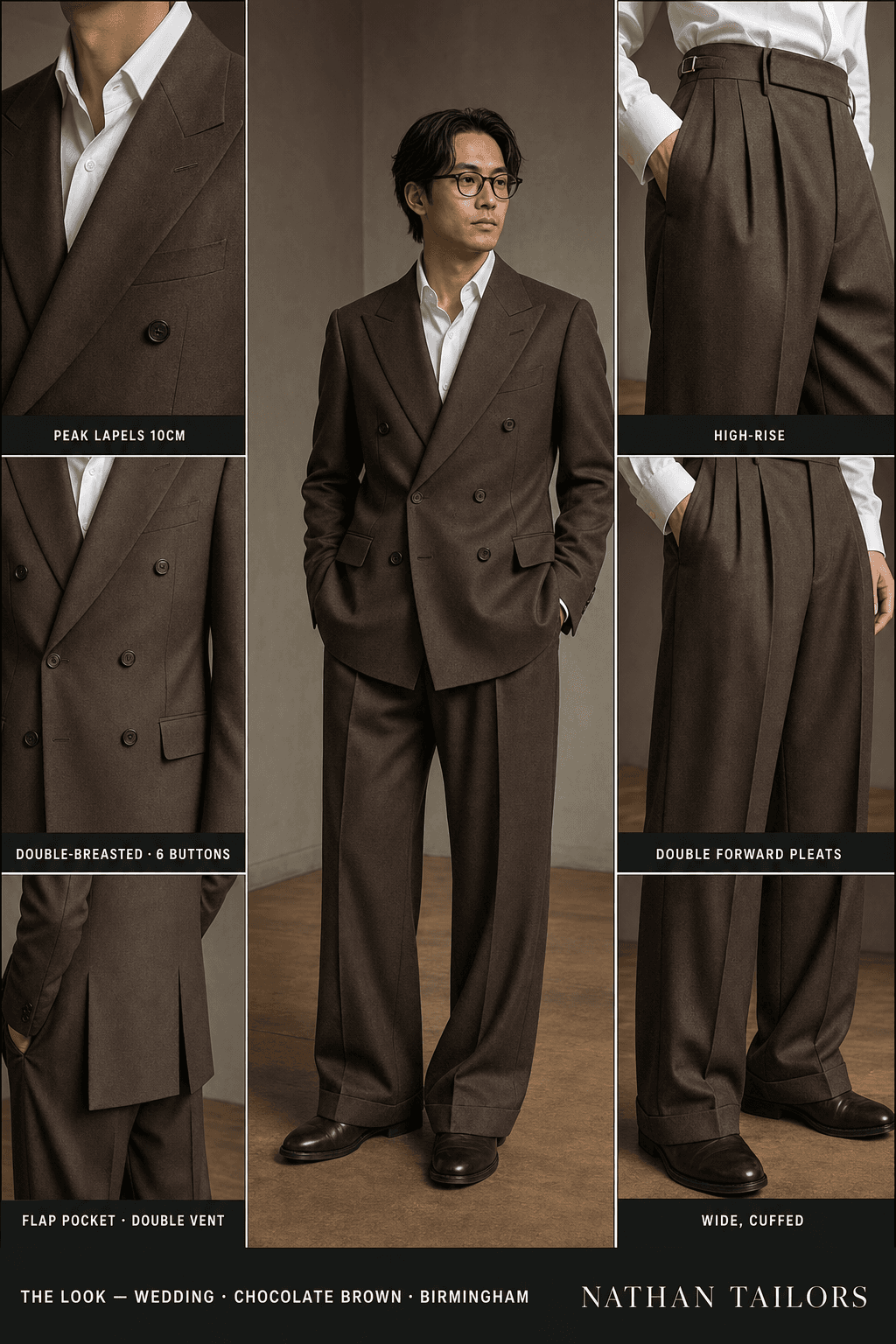 chocolate brown double-breasted bespoke suit — custom tailored by Nathan Tailors, the Hoi An custom tailor