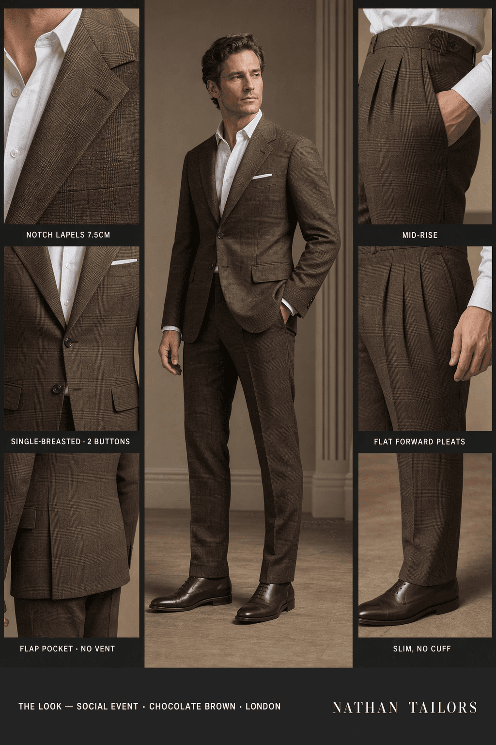chocolate brown single-breasted suit — Nathan Tailors Hoi An tailor Atelier render