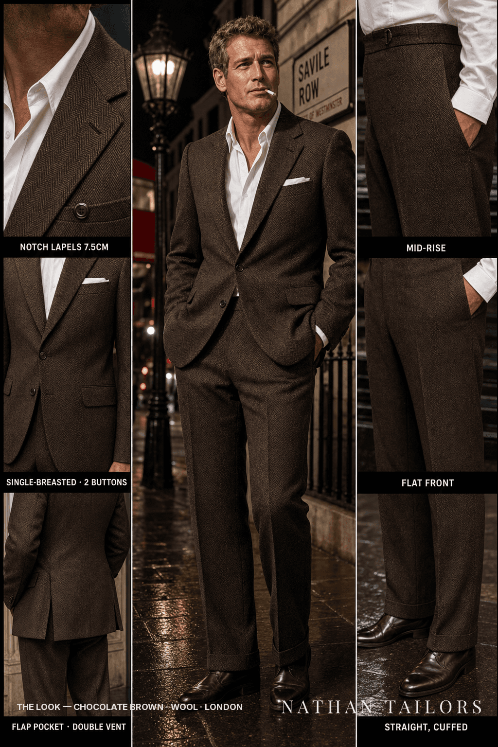 chocolate brown herringbone single-breasted bespoke suit — custom tailored by Nathan Tailors, the Hoi An custom tailor