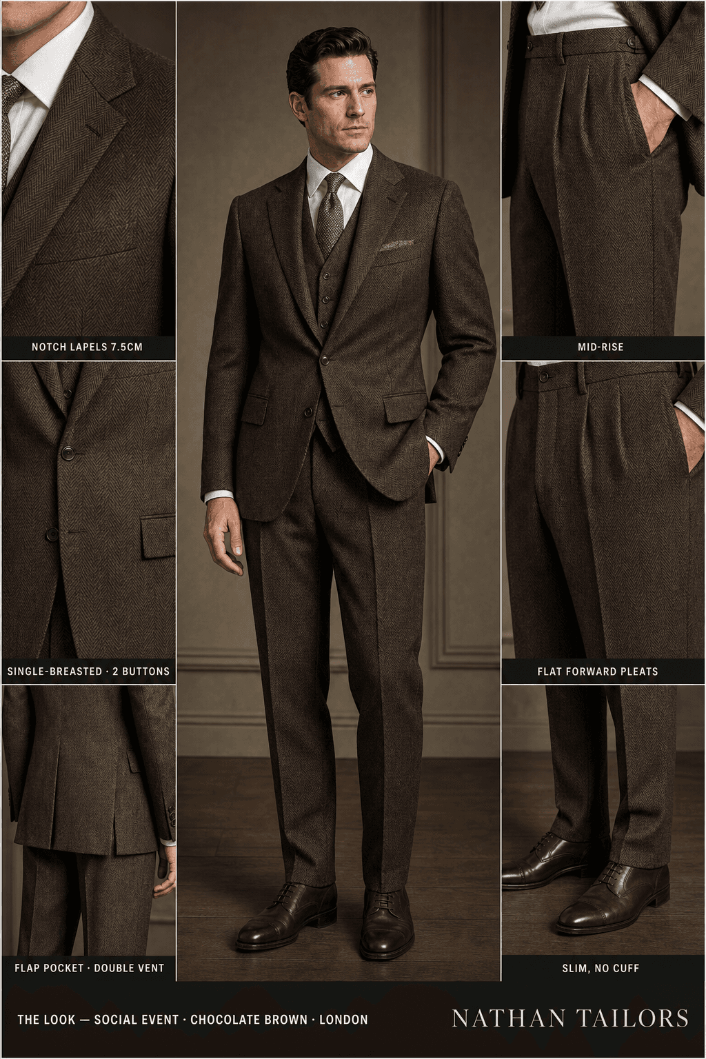chocolate brown herringbone single-breasted bespoke suit — custom tailored by Nathan Tailors, the Hoi An custom tailor