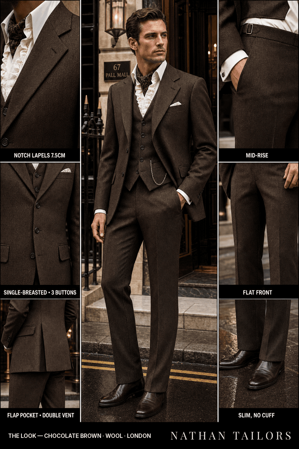 chocolate brown herringbone single-breasted bespoke suit — custom tailored by Nathan Tailors, the Hoi An custom tailor