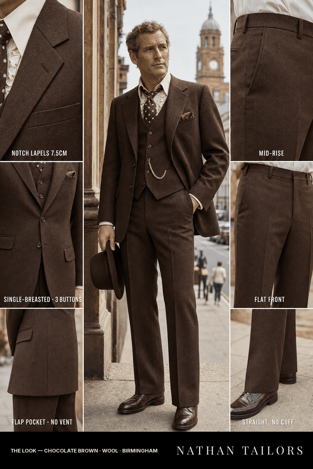 chocolate brown herringbone single-breasted bespoke suit — custom tailored by Nathan Tailors, the Hoi An custom tailor