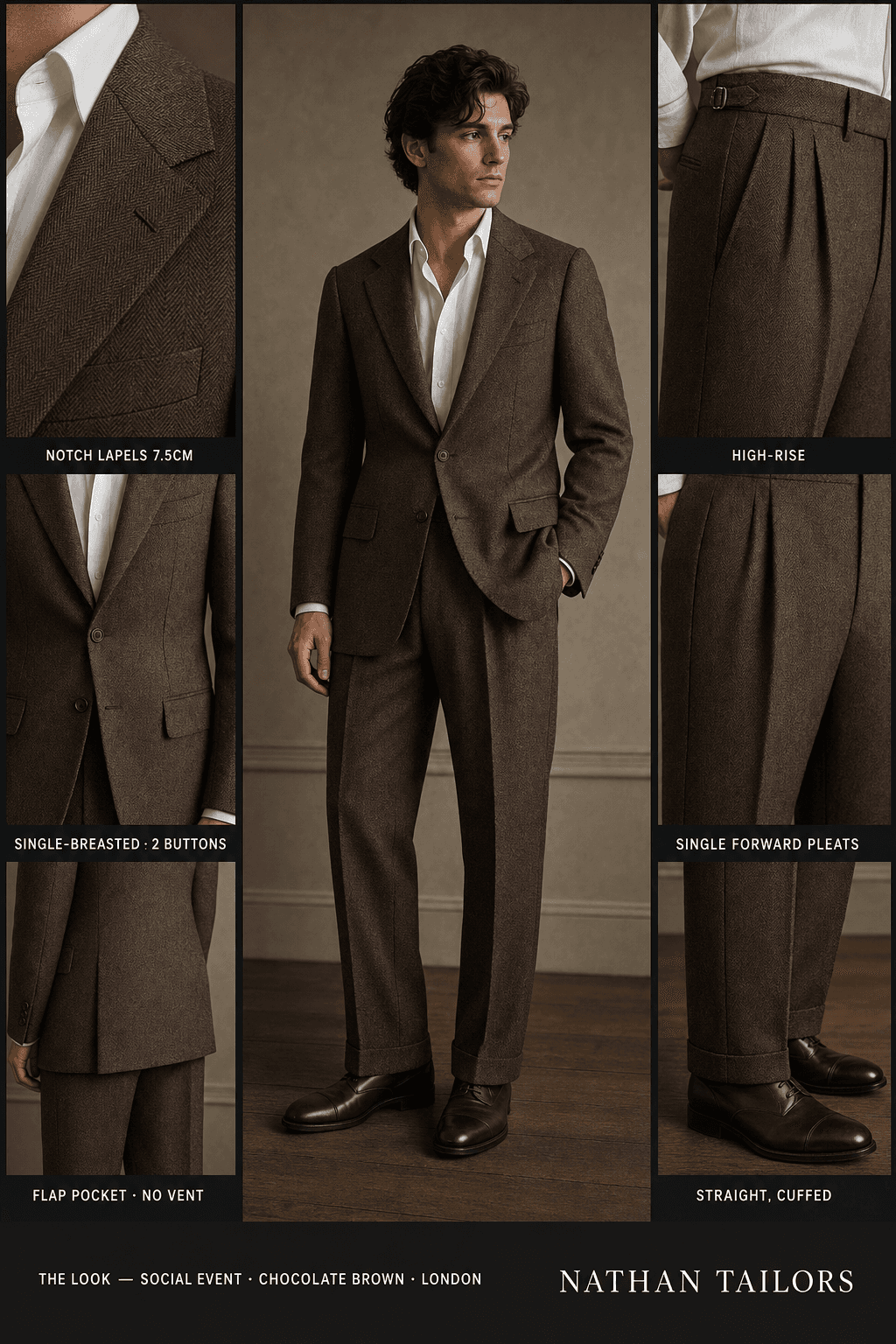 chocolate brown herringbone single-breasted notch-lapel bespoke suit — AI-rendered by Nathan Tailors, the Hoi An custom tailor. Available as a custom tailored suit from $129.